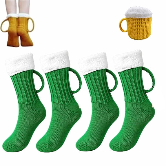 Beer Mug Socks with Handles for Men – 3D Knit Novelty Socks with Fluffy Cuff, Winter Warm Gifts for Christmas, Halloween, and Birthday Parties