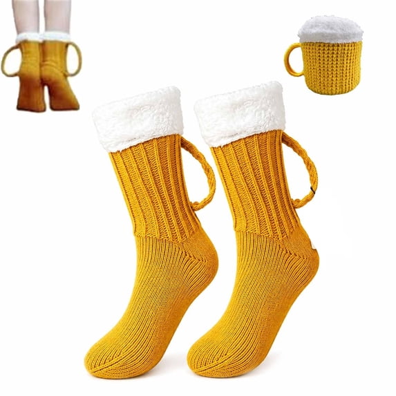 Beer Mug Socks with Handles for Men – 3D Knit Novelty Socks with Fluffy Cuff, Winter Warm Gifts for Christmas, Halloween, and Birthday Parties