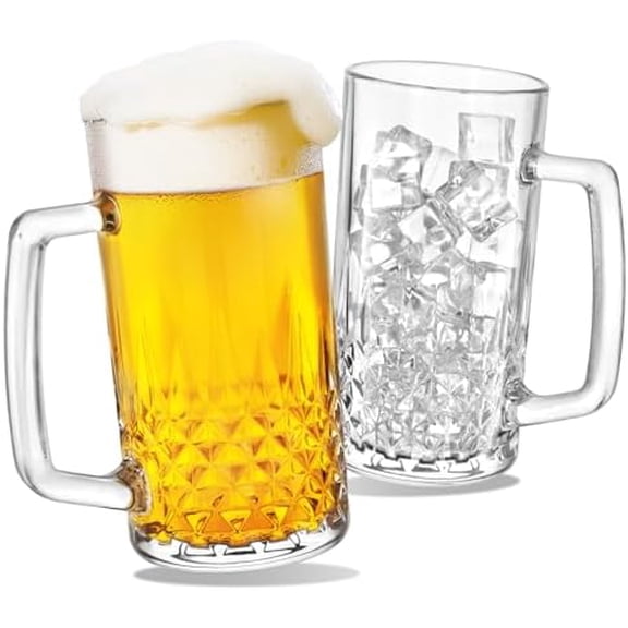 Beer Mugs For Freezer, 20 oz Large Heavy Glass Mugs with Handles Set of 2, Clear Large Beer Steins for Tea, Coffee, Lead-Free Glasses Oktoberfest Style, Best Gifts for Dad Husband or Friend