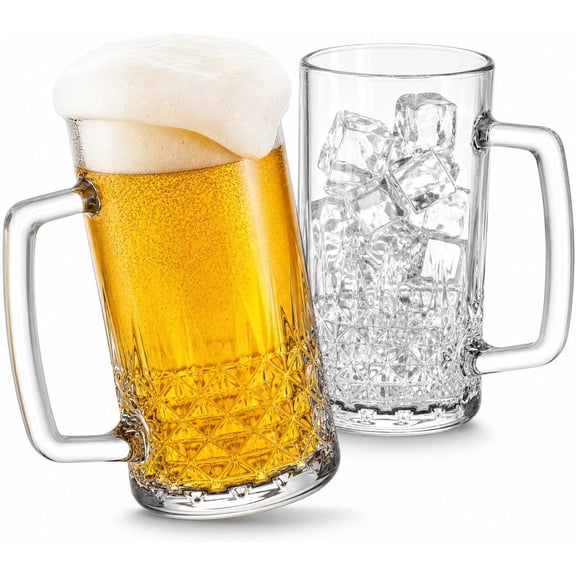 Beer Mugs For Freezer, 20 oz Large Heavy Glass Mugs with Handles Set of 2, Clear Large Beer Steins for Tea, Coffee, Lead-Free Glasses Oktoberfest Style, Best Gifts for Husband or Friend
