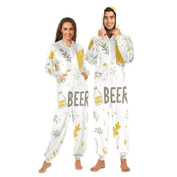 Beer Mugs Leaves Adult Onesie Pajamas Slim Fit Christmas One Piece Suit Pjs for Women and Men Hooded Zipper