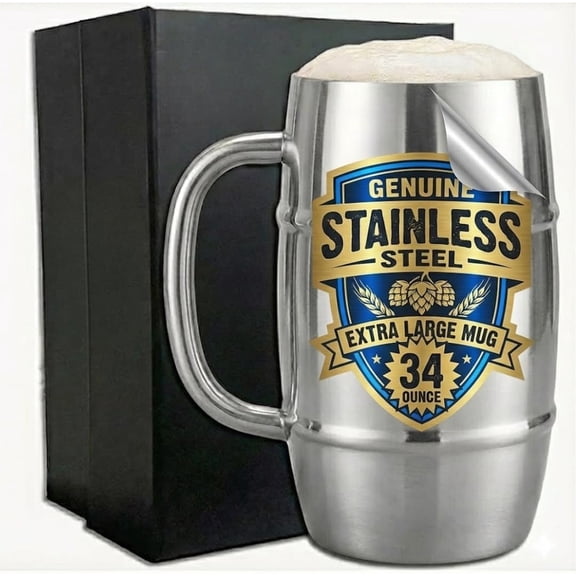 Beer Mugs - Viking Cup for Beer Enthusiasts - 34 oz Stainless Steel Mug with Handle - Unique Barrel Stein for Men - Ideal Coffee Tumbler, Coffee Cup, Tankard, Barrel Mug by Quickshot