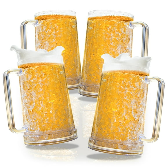 Granatan Beer Mugs with Gel Freezer 16 oz, Freeze Mugs for Party, Clear Double Walled Beer Mugs with Handles Set of 4