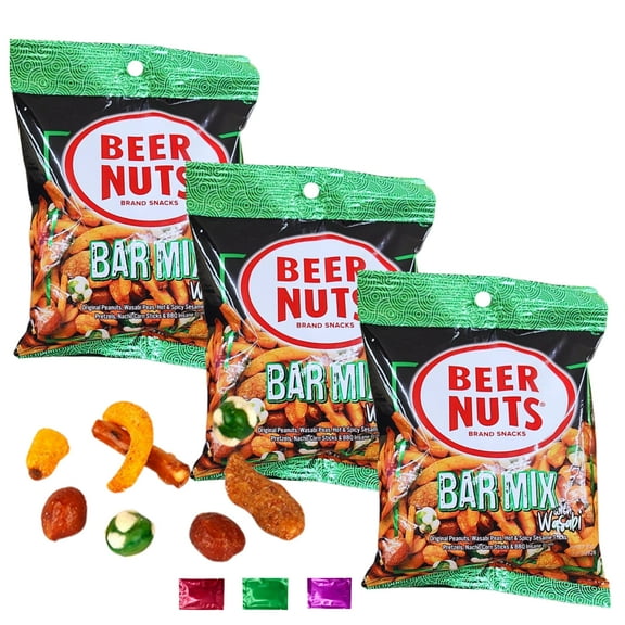 Beer Nuts Bar Mix with Wasabi 4 Oz, Spicy Snack Mix with Wasabi Peas Pretzels Cheese Sesame Sticks Grains, Salty Party Snack for Game Night On the Go Snacking 3 Packs w/ Snoep in Beperkte Oplage