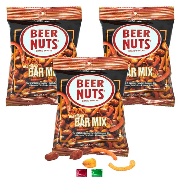 Beer Nuts Habanero Bar Mix 4 Oz 3 Packs, Spicy Snack Mix with Peanuts Corn Sticks Grains, Hot & Crunchy Pub Snack Tailgate Food Party Movie Night On-the-Go Pantry Snack w/ Snoep in Beperkte Oplage
