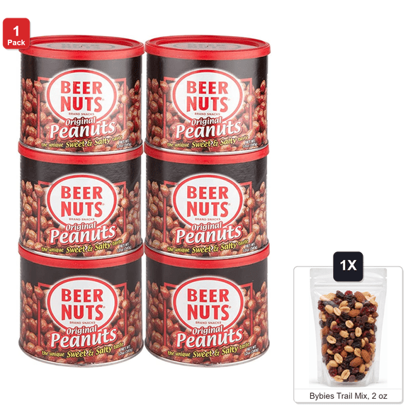 Beer Nuts Original Peanuts, 6 Cans x 12 oz Each, with Bybies Trail Mix, 2 oz