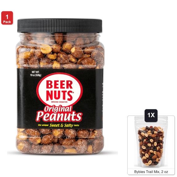 Beer Nuts Original Sweet and Salty Peanuts, 1 Jar, 19 oz, with Bybies Trail Mix, 2 oz