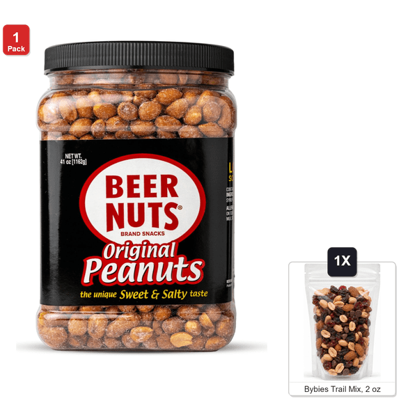 Beer Nuts Original Sweet and Salty Peanuts, 1 Jar, 41 oz, with Bybies Trail Mix, 2 oz