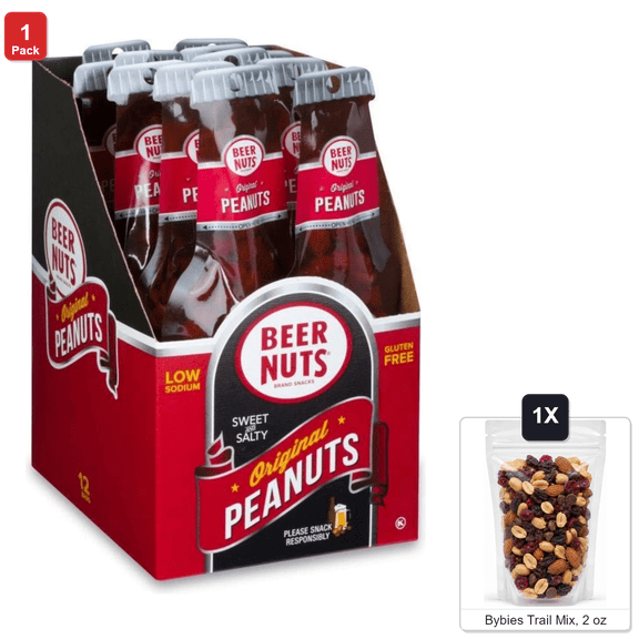 Beer Nuts Original Sweet and Salty Peanuts, 12 Bags x 1.75 oz Each, with Bybies Trail Mix, 2 oz