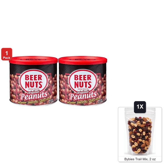 Beer Nuts Original Sweet and Salty Peanuts, 2 Cans x 12 oz Each, with Bybies Trail Mix, 2 oz