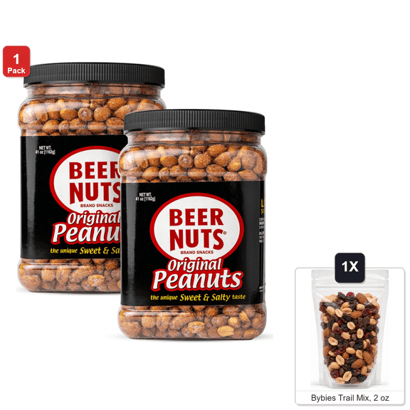 Beer Nuts Original Sweet and Salty Peanuts, 2 Jars x 41 oz Each, with Bybies Trail Mix, 2 oz