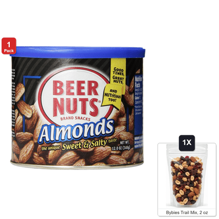 Beer Nuts Sweet and Salty Almonds, 1 Can, 12 oz, with Bybies Trail Mix, 2 oz
