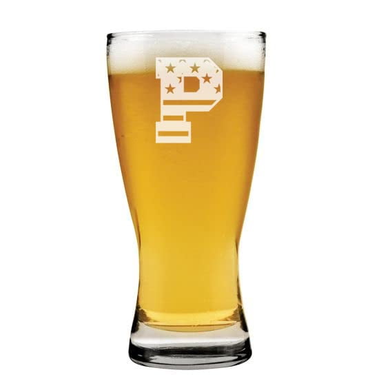 Beer Pilsner Glass 15 oz American Flag Letter Monogram (P)