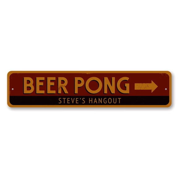 Beer Pong Arrow Hangout Name Bar Aluminum Metal Decor Sign - 4x18 inches