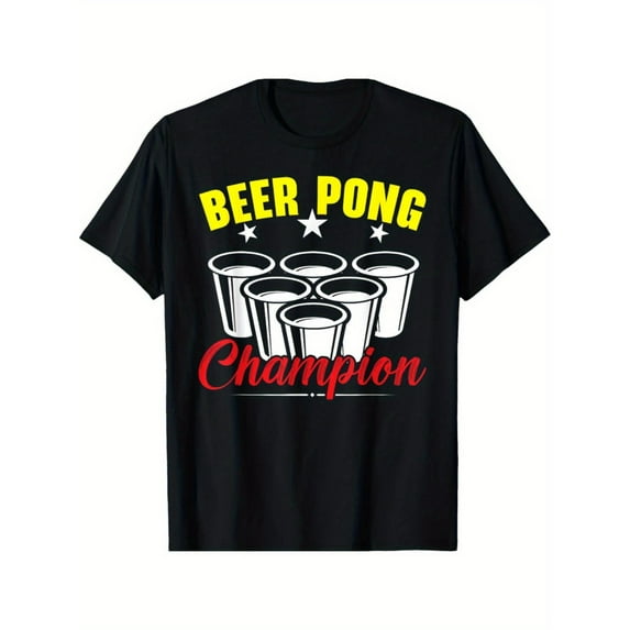 Beer Pong Champion Graphic Tee Cotton T-Shirt Top Fashion Casual Short Sleeve Crew Neck Black S-5XL