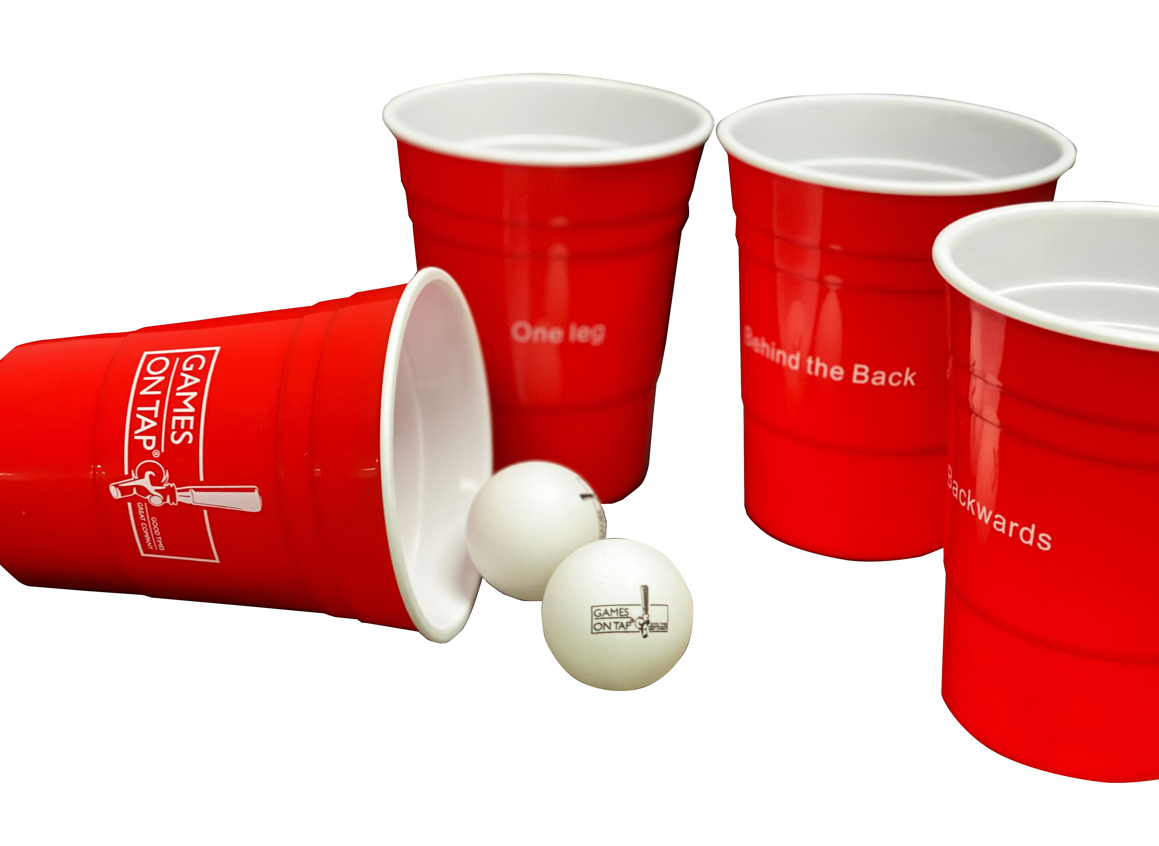 Sticker Beer pong. Red plastic cups and orange tennise ball over black 