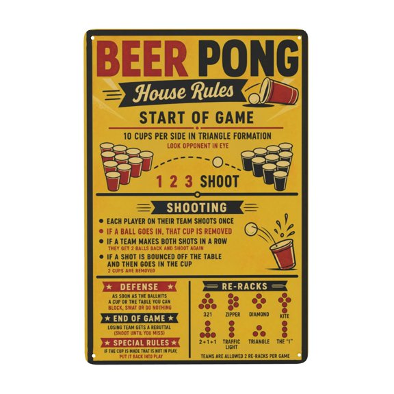 Beer Pong House Rules Metal Tin Sign For Game Room Wall Decor 8x12 Inch