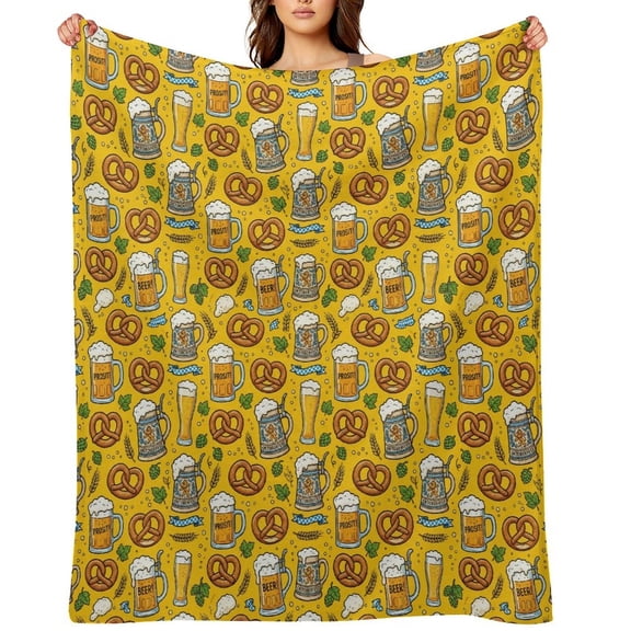 Beer & Pretzel Pattern Flannel Throw Blanket Ultra Soft Lightweight Anti-Pilling Anti-Wrinkle No Shedding Blanket for Bed Sofa Camping Travel Gift Blanket 40"×50"