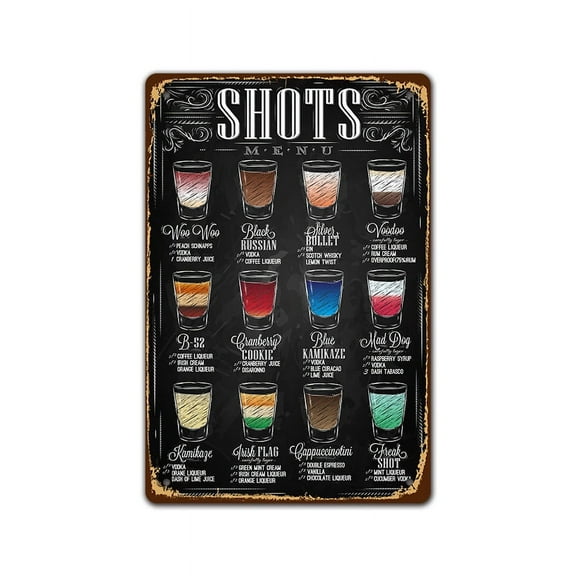 Beer Shots Menu Tin Sign,Kinds Of Colorful Beers Coffee Drinks Vintage Metal Tin Signs for Cafes Bars Pubs Shop