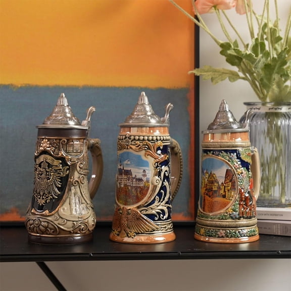 Beer Stein Mug German Castle Oktoberfest Bavarian Muchen Tankard with Petwer Lid for Man Lovers Gifts Father 0.7 Liter