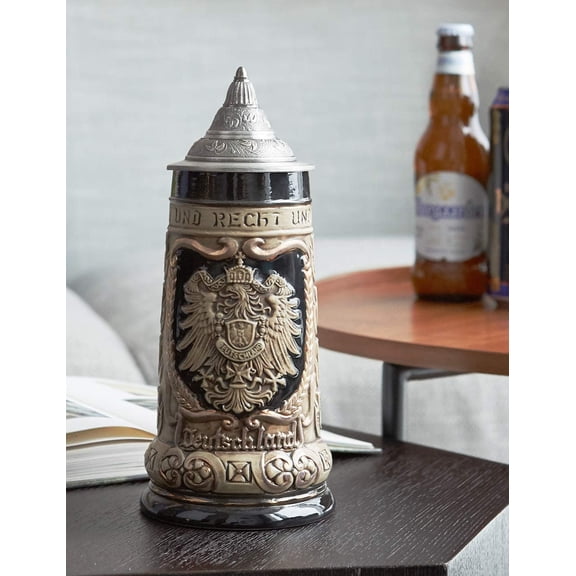 Beer Stein Mug German Coats of Arms Drinking  Tankard with Petwer Lid for Birthday Gifts Men Father Husband 0.9 Liter