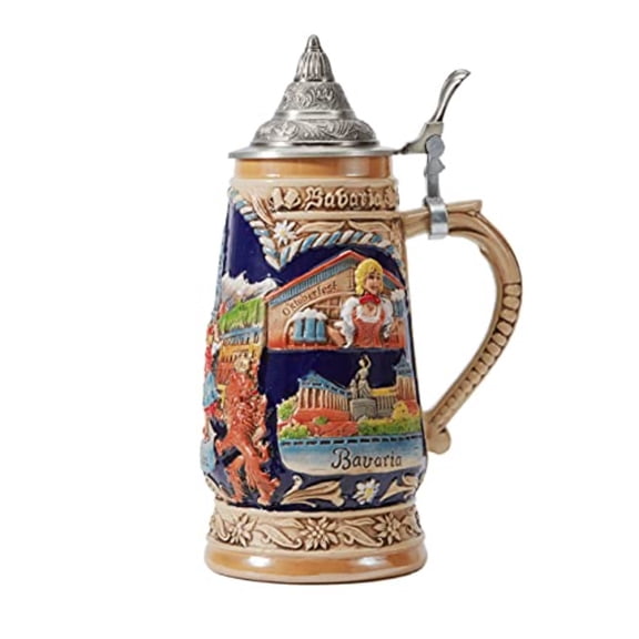 Beer Stein Mug German Munich Bavarian Drinking Viking Tankard with Petwer Lid for Birthday Gifts Men Father Husband 1.0Liter