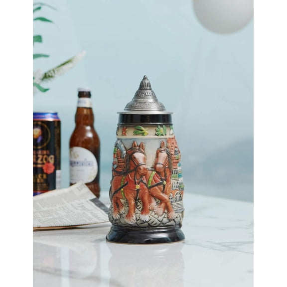 Beer Stein Mug German Oktoberfest Drinking Tankard with Petwer Lid for Birthday Gifts Men Father Husband 0.9 Liter