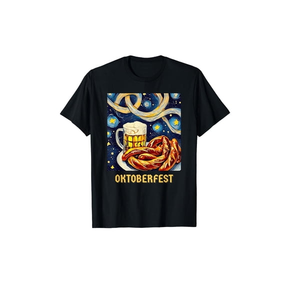 Beer Tee Black S-5XL Oktoberfest Van Gogh Starry Night Graphic Short Sleeve Cotton T-Shirt Top Festive Pretzel Design