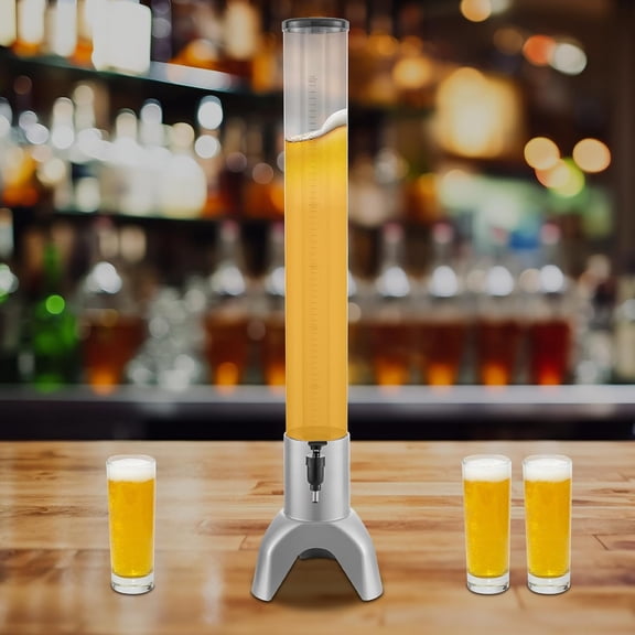 Beer Tower Dispenser with Removable Ice Pillar, 3L Beverage Dispenser Drink Dispenser Home Faucet Draft Beer Tower Homebrew Draft Kegerator Tower Beer Dispenser Clear Liquor Tower (Silver)