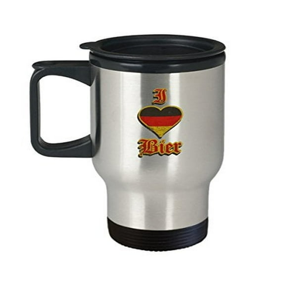 Beer Travel Coffee Mug - I Love Bier - German Inspired Gifts -14 Oz Stainless Steel Cup