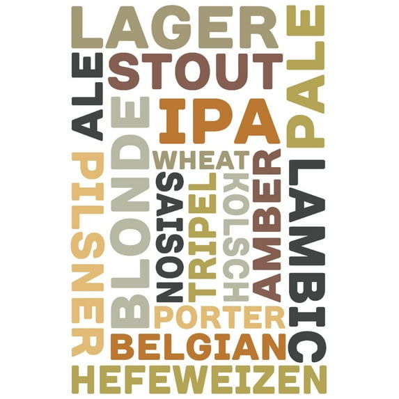 Beer Typography, Types of Beer, White Background (9x12 Wall Art Print, Home Decor)