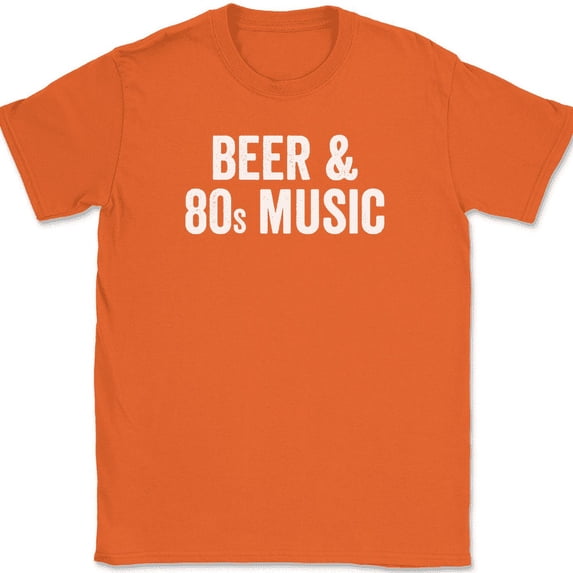 Beer and 80s Music T-Shirt Funny Drinking Tubular Radical Rock Text Tee - Orange, XL