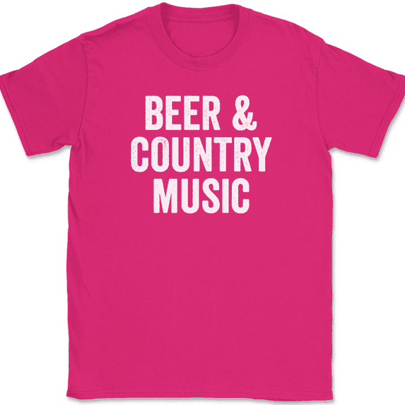 Beer and Country Music T-Shirt Funny Cow Boy Girl Hat Boots Whiskey Drinking Tee - Pink, S