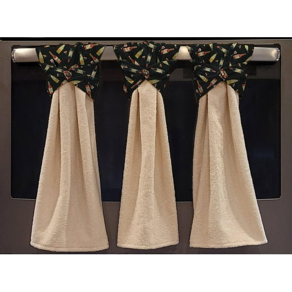 Beer or Wine Wraparound Snap Hanging Towels (Set of 3) by Penny's Needful Things (Bottles & Corkscrews) (Terrycloth Color: Off White)