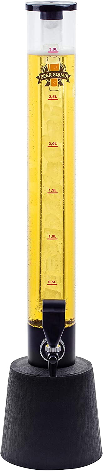 BeerSquad Beer Tower - 3L 100 oz. Clear Beverage Tower Dispenser with Included Ice Tube, Easy Clean, Dual Action Integrated Tap