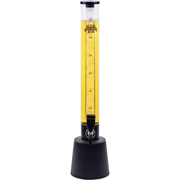 BeerSquad Beer Tower - 3L 100 oz. Clear Beverage Tower Dispenser with Included Ice Tube, Easy Clean, Dual Action Integrated Tap