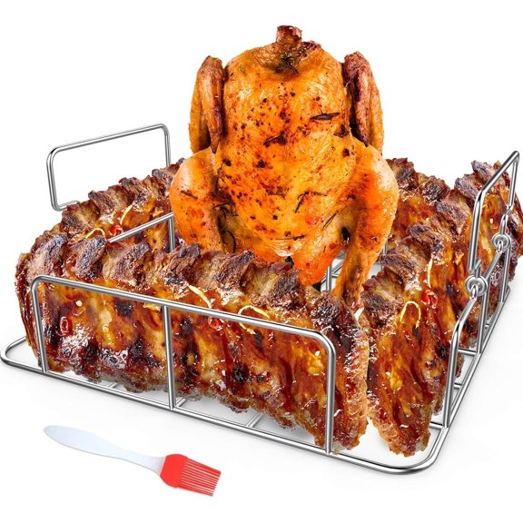 Beercan Chicken Roaster and Rib Rack with a  Oil Brush, Square Stainless Steel BBQ Stand for ,Oven and Grill, Cook Up to 4 Ribs and a Whole Chicken at a time