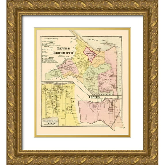 Beers 15x17 Gold Ornate Wood Framed with Double Matting Museum Art Print Titled - Lewes, Rehoboth Delaware Landowner - Beers 1868