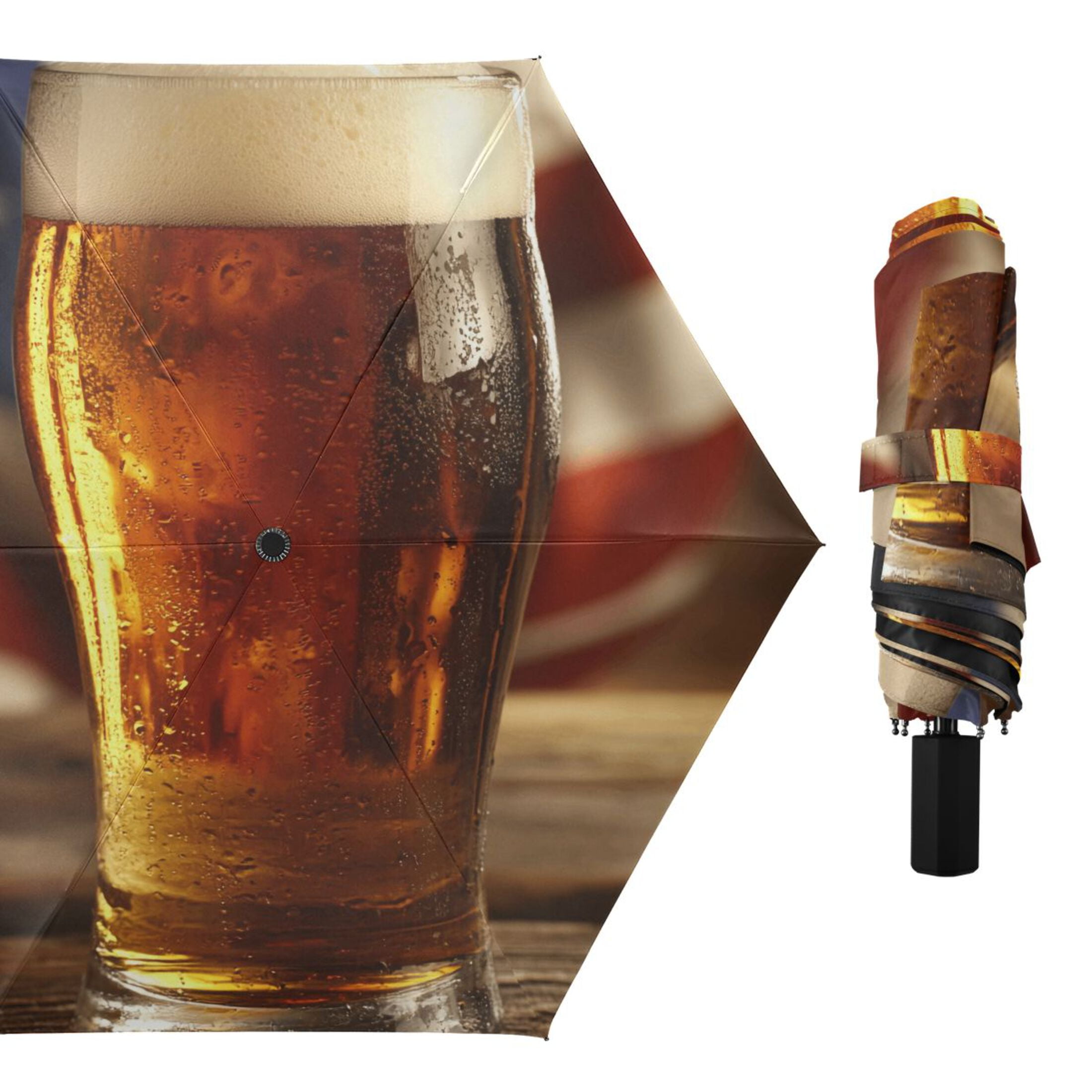 Beers and American Flag Compact Sun Umbrella Windproof Travel Umbrellas for Rain Strong Portable UV Protection
