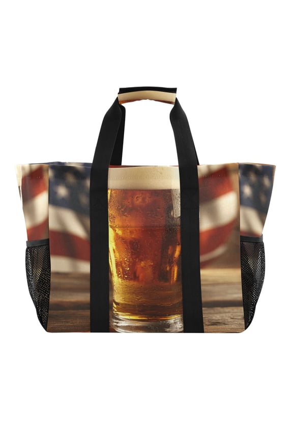 Beers and American Flag Reusable Grocery Bags with Handle Side Pocket Waterproof Shopping Portable Tote