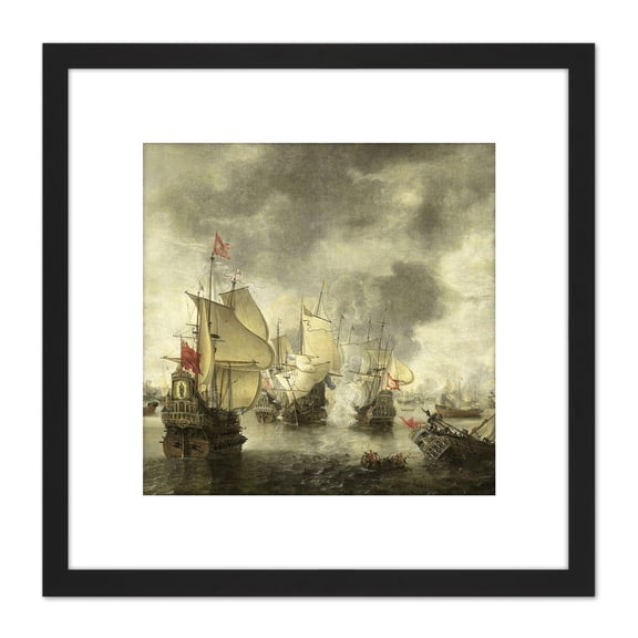 Beerstraten Battle Venice Dutch Ships Bay Foya 8X8 Inch Square Wooden Framed Wall Art Print Picture with Mount