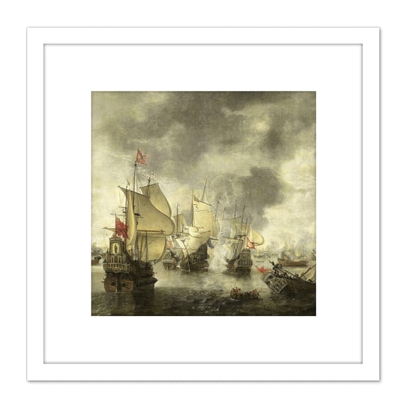 Beerstraten Battle Venice Dutch Ships Bay Foya 8X8 Inch Square Wooden Framed Wall Art Print Picture with Mount