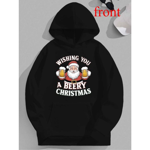 Beery Christmas Sweatshirt Tops Santa Claus Print Loose Fit Geometric Design Cotton Hooded long-sleeved Black S-2XL