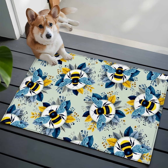 Bees 2x3 Area Rugs for Living Room, Yellow Blue Leaves Bee Green Texture Non Slip Floor Mat Washable Low-Profile Indoor Carpet for Bedroom, Dining Room, Bathroom