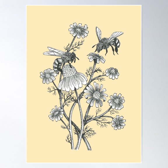 Bees And Chamomile On Honey Background Poster Wall Art, Modern Wall Decor For Living Room Bedroom, 12x18 UNFRAMED