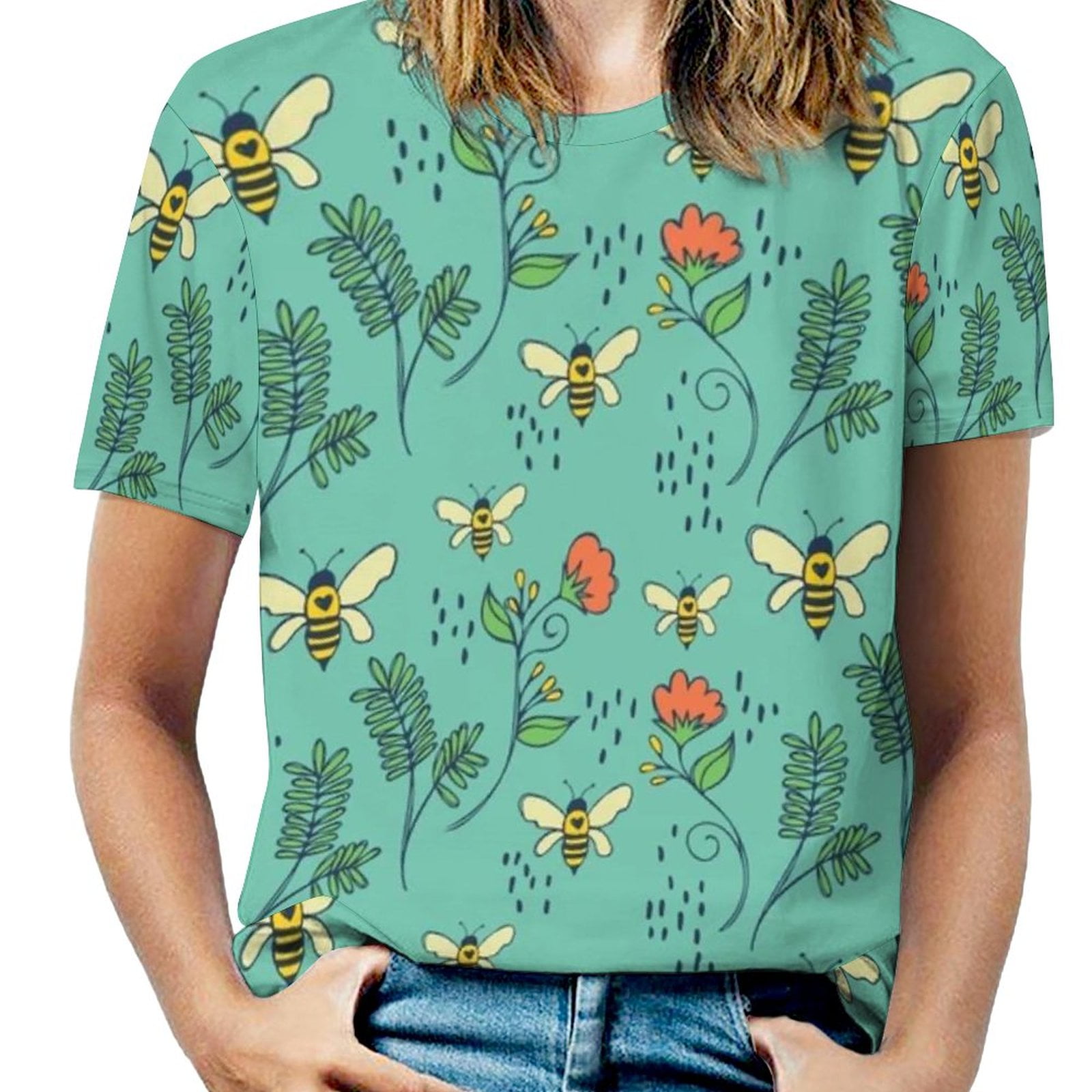 Bees And Flowers Print O Neck Off The Shoulder Top Short Sleeved T Bees And Flowers Print O Neck Off The Shoulder Top Short Sleeved T