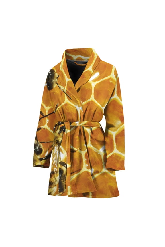 Bees And Honeycomb Women Bathrobe One Size Univeral Fits, Bee Honey Fashion Lightweight Plush Fleece Long Robe For Women