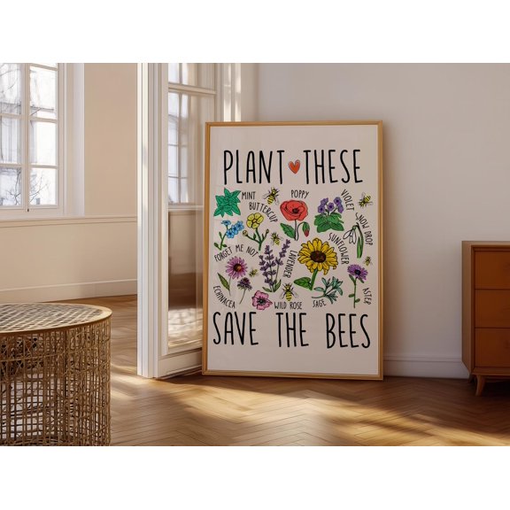 Bees And Wildflowers Poster: Eco-Friendly Botanical Wall Art, Stretched Canvas Size 16x24