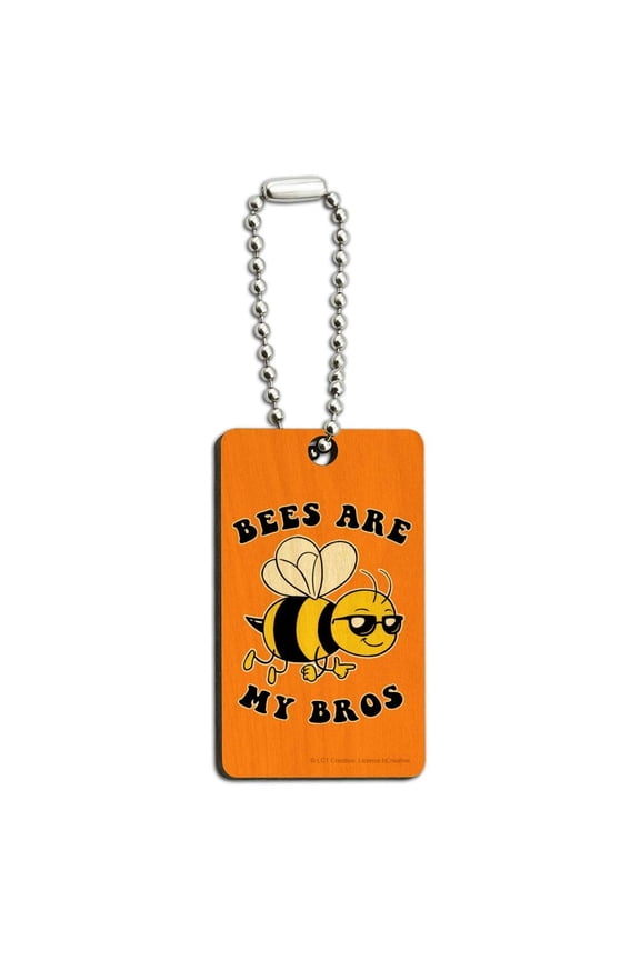 Bees Are My Bros Funny Humor Wood Wooden Rectangle Keychain Key Ring