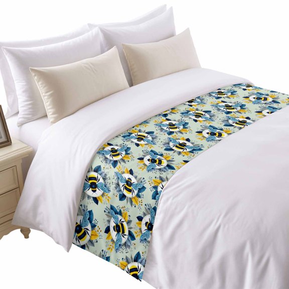 Bees Bed Runner for Twin Size Bed, Yellow Blue Leaves Bee Green Texture Soft Bedding Scarf Bedding Protector Slipcover Sofa Throw for Bedroom Hotel Guesthouse